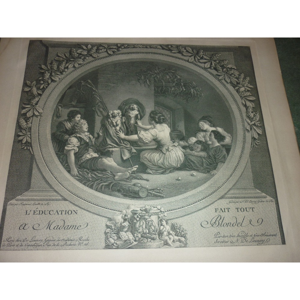 Antique French Engraving L Education a Madame Blondel by De Launay